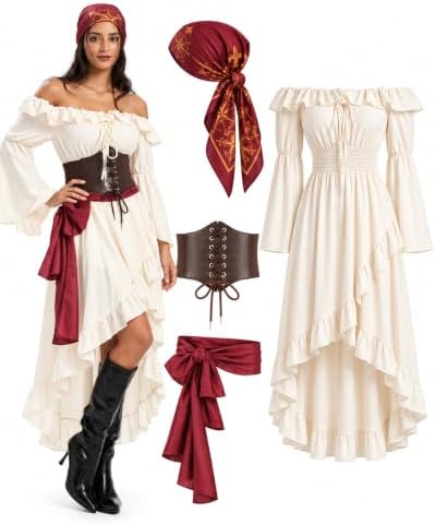 Pirate Costume Women, Renaissance Dress with Corset Belt, 4-Piece