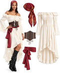 Pirate Costume Women, Renaissance Dress with Corset Belt, 4-Piece