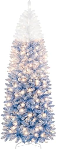 Yaheetech 7.5ft Prelit Flocked Pencil Christmas Tree, Lake Blue Gradient