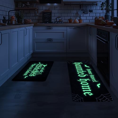 Halloween Kitchen Mat Set of 2 Not All Witches Live in Salem Decorative Glow in The Dark Kitchen Rugs, Luminous Party Home Floor Mats for Indoor Outdoor Decorations-17x27 and 17x47 Inch