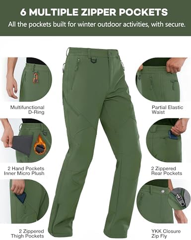 Stlight Mens Snow Ski Water Repellent Softshell Pants for Winter Hiking Fleece Lined Bottom Leg Zipper with 6 Zip Pockets