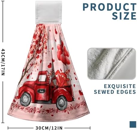 Valentine Hanging Kitchen Towels Red Truck Gnome Love Heart Tree Hand Towel with Hanging Loop Sweet Romantic Dish Tie Towels Bath Towel for Anniversary Wedding Home Decor Set of 2