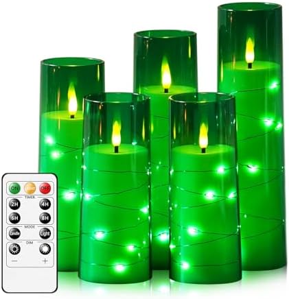 kakoya Flameless LED Candles with Timer 5 Pc Flickering Flameless Candles for Romantic Ambiance and Home Decoration Stable Acrylic Shell,with Embedded Star String，Battery Operated Candles（Green）