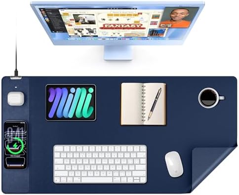 Mouse Pad with 15W Wireless Charging, XXL Large Leather Desk Mat, Blue
