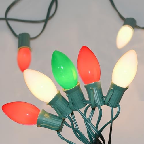 SUNSGNE C9 Christmas String Lights, 25 Feet Vintage Christmas Tree Lights with 26 7W Red Green White Glass Bulbs(1 Spare) for Patio Balcony Xmas Decor, Green Wire