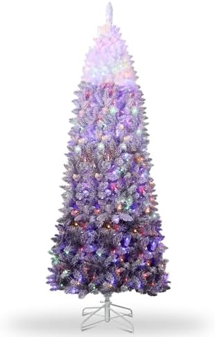 GarveeHome 7.5 ft Prelit Artificial Christmas Tree with RGB & Warm White Lights, Pre-Lit Snow Flocked Pencil Christmas Tree, Foldable Base,Holiday Decoration for Home, Office, Party,Purple Gradient