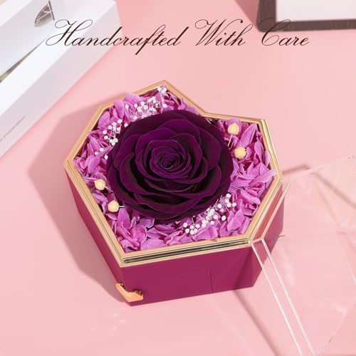 Preserved Real Rose with Necklace Forever Flowers Diamond shaped Box for Mom Wife Girlfriend Grandma on Mothers Day Birthday Valentines Christmas Anniversary Beatiful Gifts for women (Purple)