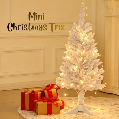 4ft White Mini Artificial Christmas Tree Hinged Design with 100 Battery Powered LED Lights, 202 PVC Tips Small White Xmas Tree for Apartment Corner Office Indoor Holiday Party Decorations