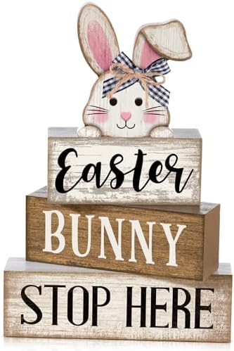 Moucuny 4 Pcs Easter Bunny Wood Signs Farmhouse Tiered Tray Table Decor