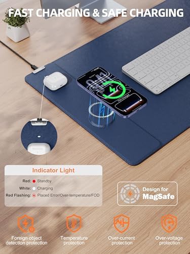 Mouse Pad with 15W Wireless Charging, XXL Large Leather Desk Mat, Blue