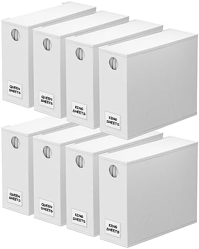 SpaceAid 8 Pack Bed Sheet Organizers and Storage, Foldable Organizer for Linen Closet, Sheets Set Folder Keeper with Window XL (Queen & King Size) Organizing Bedding Container, White 91ZDSN-SL24-W8