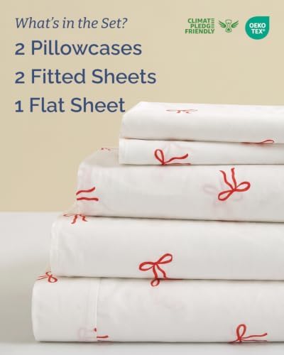 Christmas Sheet Set, Dainty Red Bows, Holiday Xmas Bedding Set - Split King