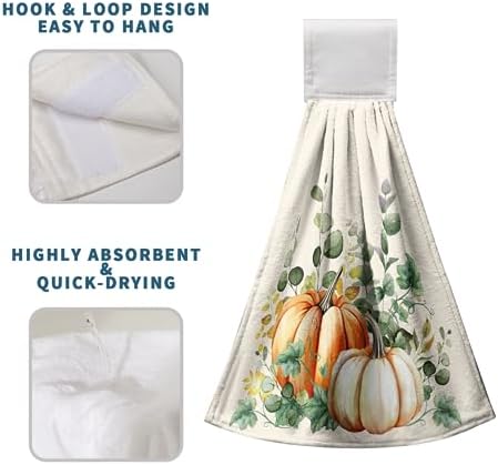Fall Autumn Hanging Kitchen Towels Thanksgiving Pumpkin Hand Towel with Hanging Loop Vintage Checkered Plaid Dish Towels Soft Absorbent Fingertip Bath Tie Towel for Bathroom Decorative Set of 2