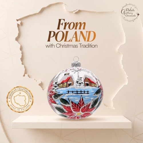 Polish Hand Blown Glass Christmas Ornaments Ball, Wintry Merry Xmas 5 in