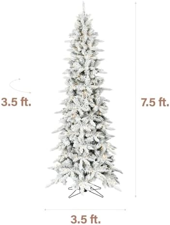Fraser Hill Farm 7.5-Ft. Slim Mountain Pine Flocked Artificial Christmas Tree with Warm White LED Lights and Stand, Prelit Foldable Fake Tree with Realistic Snowy Foliage for Home Decoration