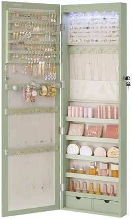 SONGMICS 6 LEDs Mirror Jewelry Cabinet, 47.2-Inch Tall, Lockable