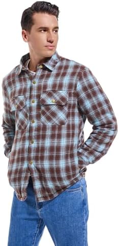 Men's Sherpa Cotton Flannel Shirt Jacket Plaid Button Coat Pocket