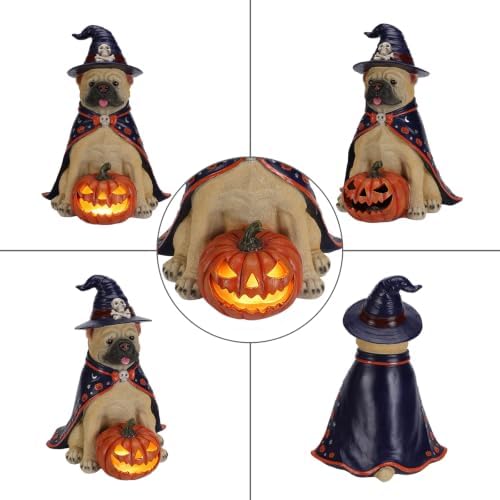 Bulldog Statue Halloween Decoration with LED Pumpkin Lantern