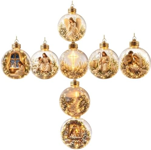 8PC Illuminated Scripture Keepsake Ornament, Lighted Hanging Decoration with Bible Verse, Religious Themed Holiday Ornament, Transparant Ball with 2D Flat Sheet for Christmas Tree Home Display，A-H