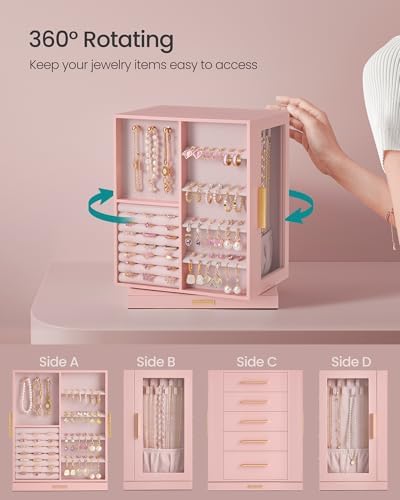 SONGMICS Jewelry Box Organizer, 360° Rotating, 5 Drawers, Jelly Pink