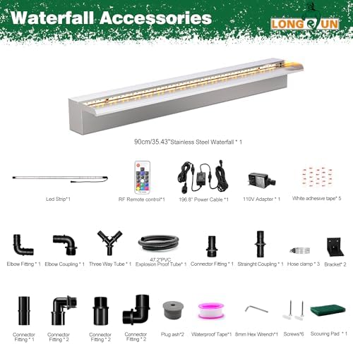 LONGRUN Waterfall Pool Fountain, Updated 5.9'' Wider Open Lip Stainless Steel Waterfall Spillway, Decorative Water Feature for Swimming Pools, Koi Ponds, Spa & Garden - 35.4''