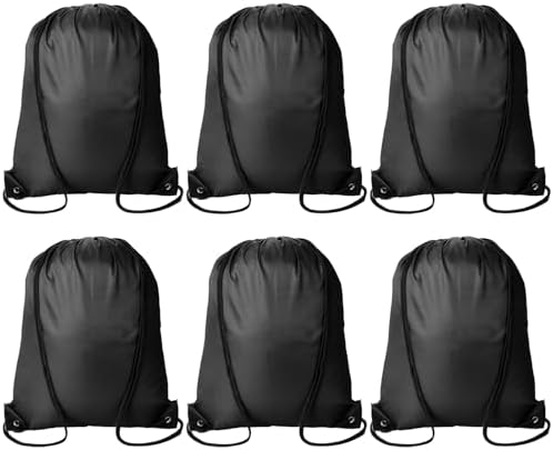 Kuhome 6Pcs Black Drawstring Backpacks Bulk String Bag Cinch Sack Pack Storage Knapsack Polyester Gift Bags Sports Drawstring Bags for Trip Party Gym Bags