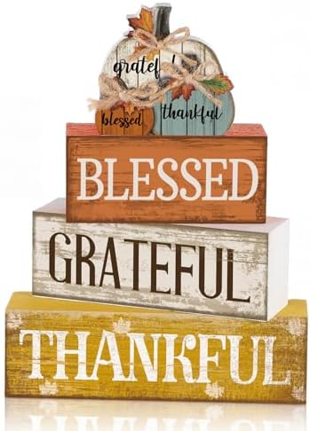 Lineshading 4 Pcs Stacked Pumpkin Block Signs, Fall Thanksgiving Decor