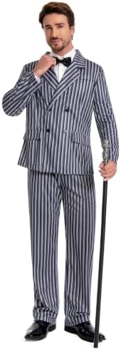 Men's 1920s Gangster Costume 3-Piece Set, Black White Striped Zoot Suit Gothic Family Halloween Cosplay M-XXL