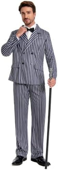 Men's 1920s Gangster Costume 3-Piece Set, Black White Striped Zoot Suit Gothic Family Halloween Cosplay M-XXL