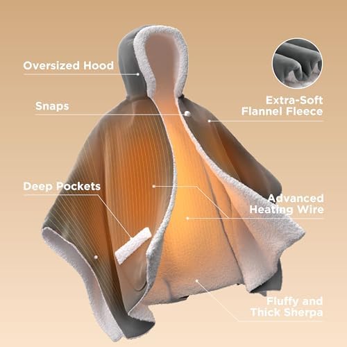 Bedsure Wearable Heated Blanket Hoodie Shawl, Gifts for Mom, 55"x64", Grey