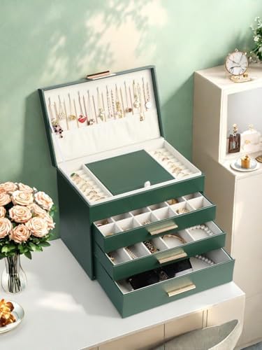BOOVO Jewelry Boxes for Women, White and Black 6 Layer Large Jewelry Box for Necklace, Bracelet, Earrings, Rings Storage, Jewelry holder Organizer for Girls Gift (Green, 5 Layer)