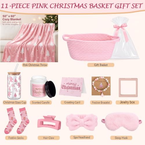 Reallnaive 11 Pcs Pink Christmas Basket Gift for Women Secret Santa Box
