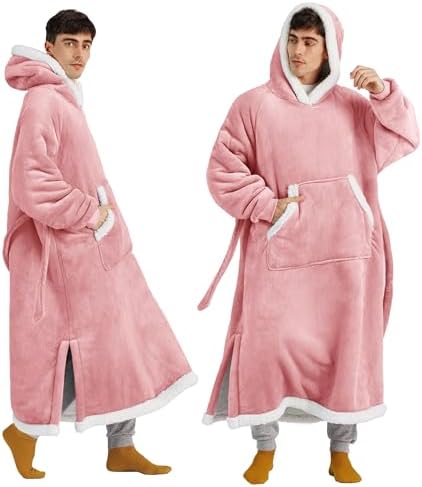 Bedsure Wearable Blanket Hoodie, Long Hooded Blanket Sweatshirt as Christmas Birthday Gifts for Men, Cozy Sherpa Hoodie for Adult, Oversize, Rose Pink