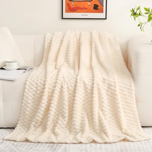 Puncuntex Cream White Throw Blanket 60"×80" Fuzzy 3D Jacquard Decorative