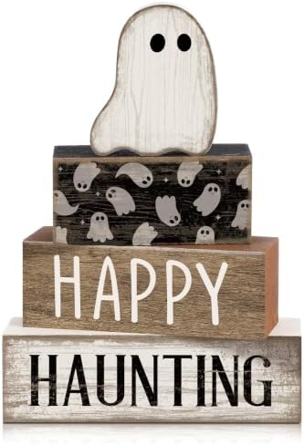 Lineshading 4 Pcs Halloween Table Decor for Home, Wooden Ghost Block Sign