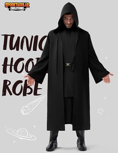 Spooktacular Creations Halloween Mens Tunic Hooded Cloak, Knight Costume Men, Tunic Hooded Robe with Pants for Halloween