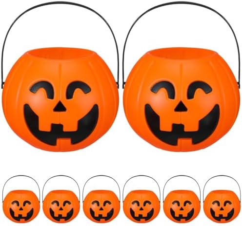Beeveer 8 Pcs Plastic Pumpkin Buckets, Halloween Candy Baskets, Smile