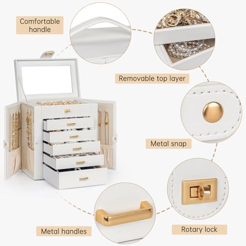 AKOZLIN 6-Tier Jewelry Box Organizer 5 Drawers Storage Medium White