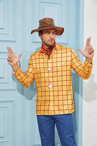 Cowboy Sheriff Costume Men's Plaid Button Down Shirt with Vest Bandana Star Badge Halloween Sheriff Cosplay Outfits