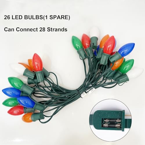 SUNSGNE C9 LED Christmas Lights Outdoor 25FT Multicolor String Lights with 27 0.6W LED Plastic Bulbs(2 Spare) for Patio Garden Roofline Backyard Décor, Green Wire