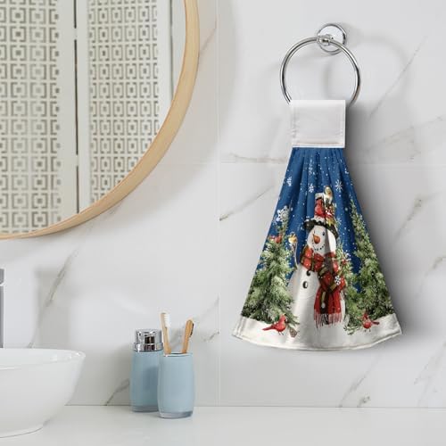 Blue Snowman Winter Kitchen Tie Towel Christmas Snow Pine Tree Birds Kitchen Hand Towels with Hanging Loops Xmas Farmhouse Bath Towel Soft Absorbent Fingertip Dish Tie Towels Set of 2