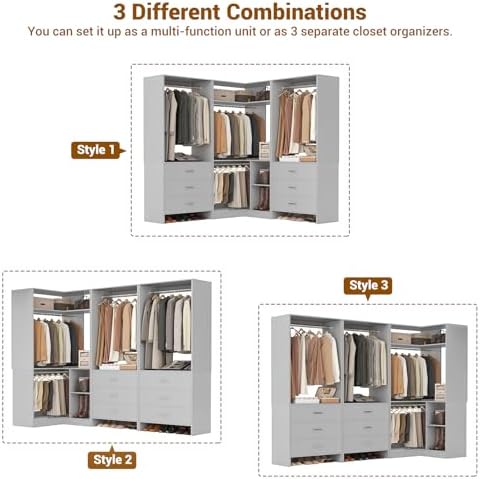 Aheaplus Closet System with 6 Drawers, 4 Hanging Rods & Corner Tower, Corner Closet System with Hanging,80.9" L-Shaped Walk-In Wardrobe Organizer, 2000+ lbs Capacity, Set of 3, Grey