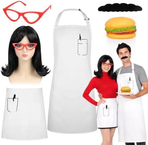 MOVINPE Burger Shop Couple Costume Set for Adults, Chef & Waitress Outfit with Aprons, Wig, Beard, Glasses & Hamburger Prop – Funny Restaurant-Themed Halloween Cosplay for Men & Women
