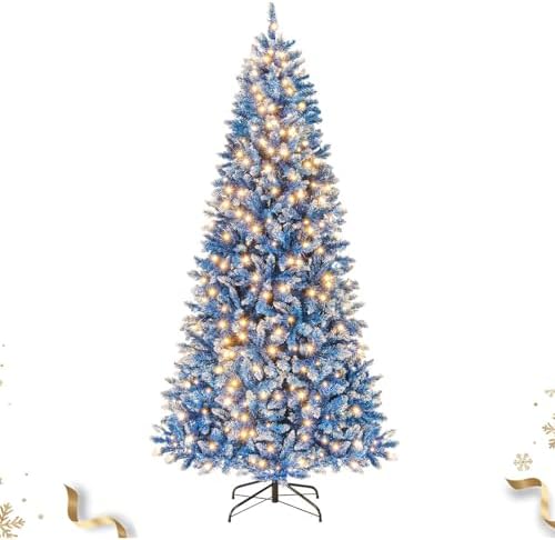 HAPPYGRILL 7 FT Pre-lit Christmas Tree Blue Hinged Artificial Xmas Tree with 340 Warm White LED Lights, 8 Modes, 1062 Frosted Branch Tips, Folding Metal Base, for Home Party Holiday