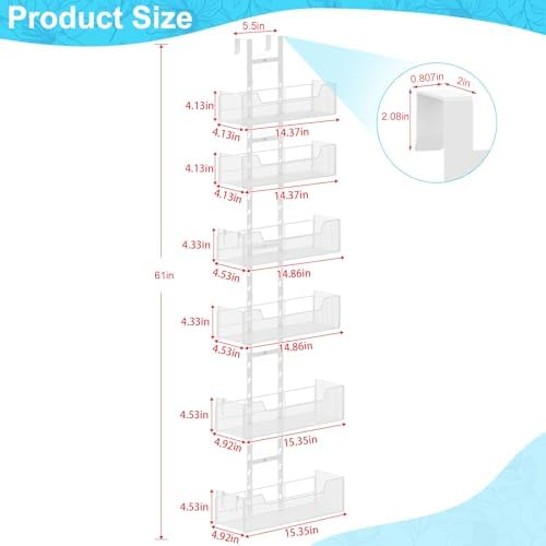 Hongtamoya Over The Door Organizer, Metal Hanging Door Organizer with 6 Adjustable Baskets and 5 Hooks, Behind The Door Storage for Closet Cabinet Kitchen Bathroom Bedroom Pantry Door Organizer, White