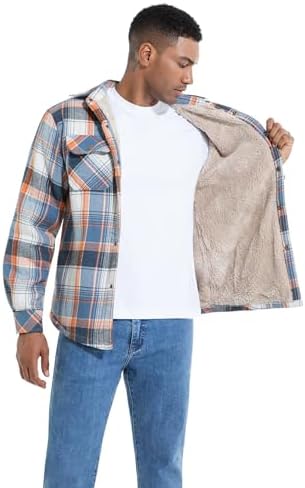 Men's Sherpa Cotton Flannel Shirt Jacket Plaid Button Coat Pocket