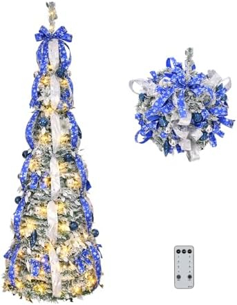 VINGLI 6ft Pre Lit Pop Up Flocked Pencil Christmas Tree with 150 Lights, Fully Decorated Collapsible Holiday Party Decoration (Blue&Silver)