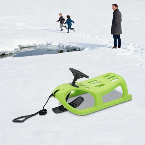 Snow Sled for Kids with Steering Wheel, Plastic Winter Sled with Pull Rope