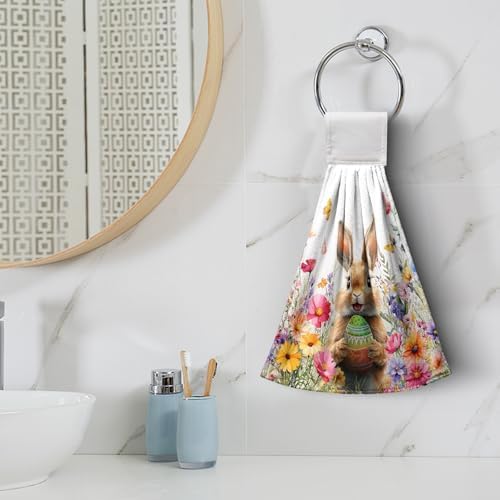 Spring Easter Hanging Kitchen Towels Easter Bunny Rabbit Eggs Flowers Hand Towel with Hanging Loop Watercolor Floral Rabbits Dish Tie Towels Super Absorbent Soft Fast Drying Bath Towel for Bathroom