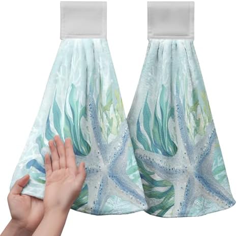2 Pcs Starfish Hanging Hand Towels Summer Coastal Nautical Kitchen Towels with Hanging Loop Aqua Turquoise Beach Ocean Coral Bath Tie Towels Oven Stove Dish Washcloth